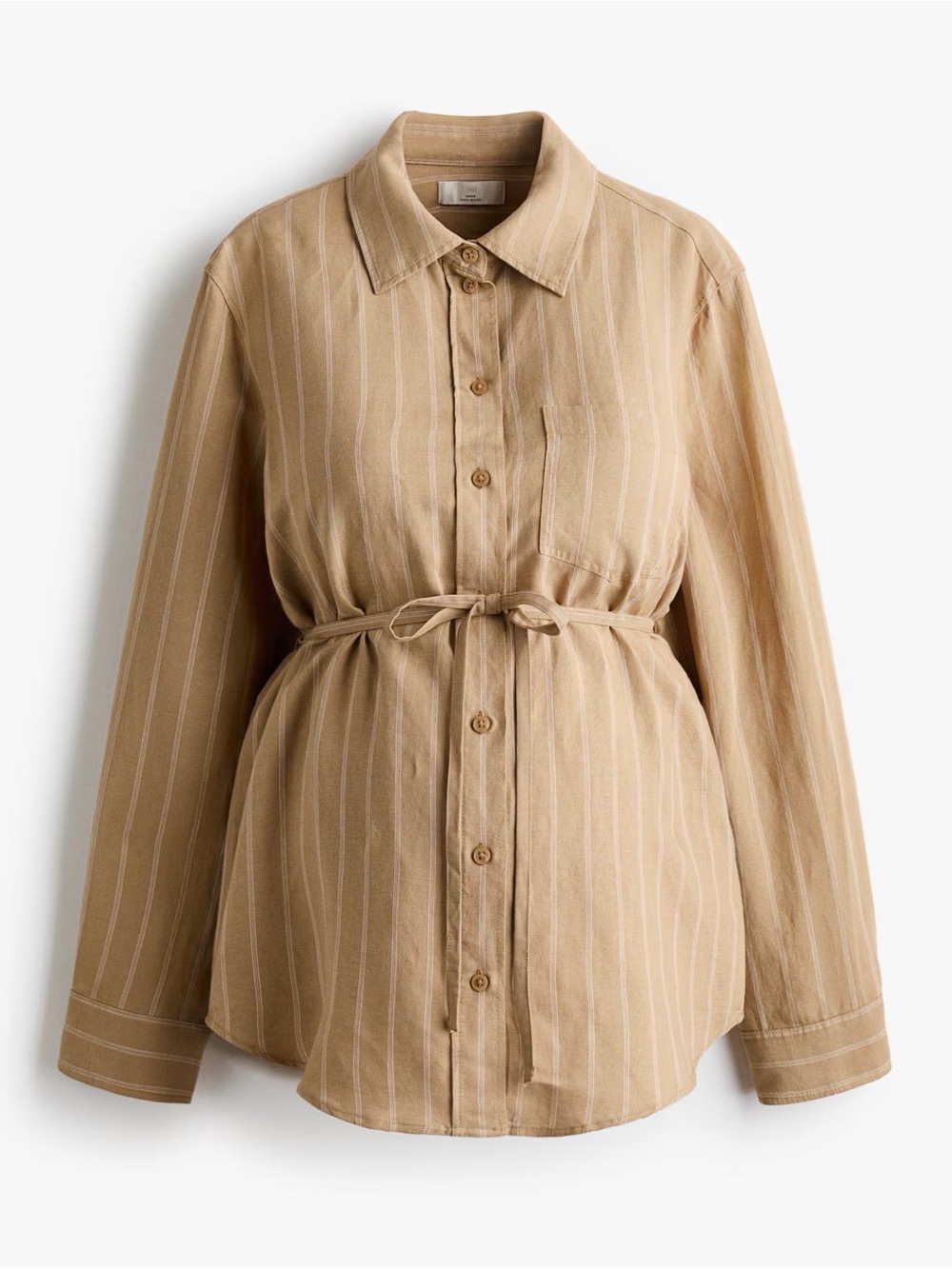NWT H&M MAMA before & after Striped Tie-Waist Button-Down Shirt in Tan